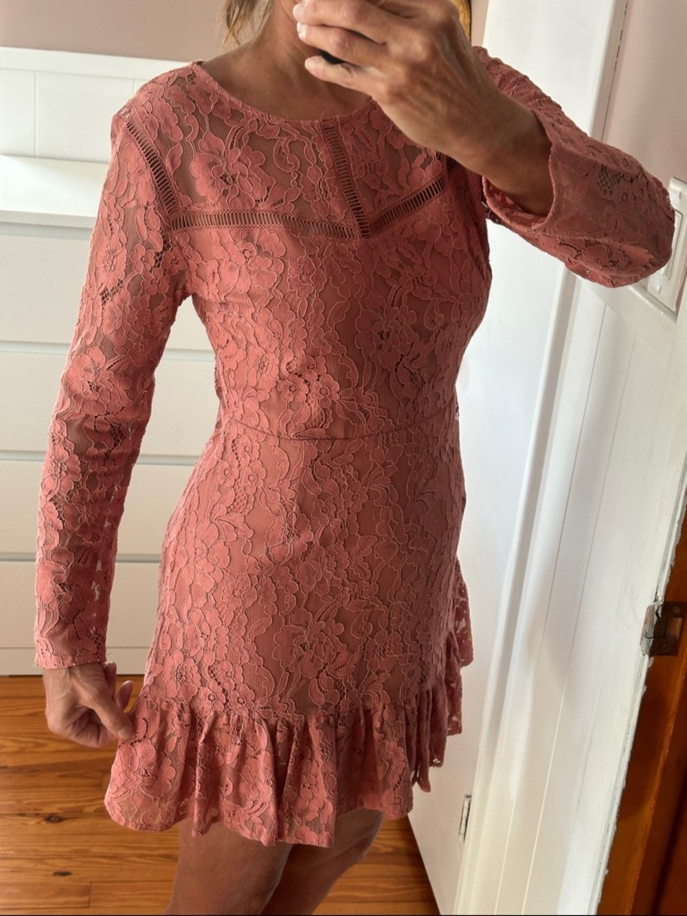 Miami Lace Long Sleeve Ruffle Hem mini Dress ,